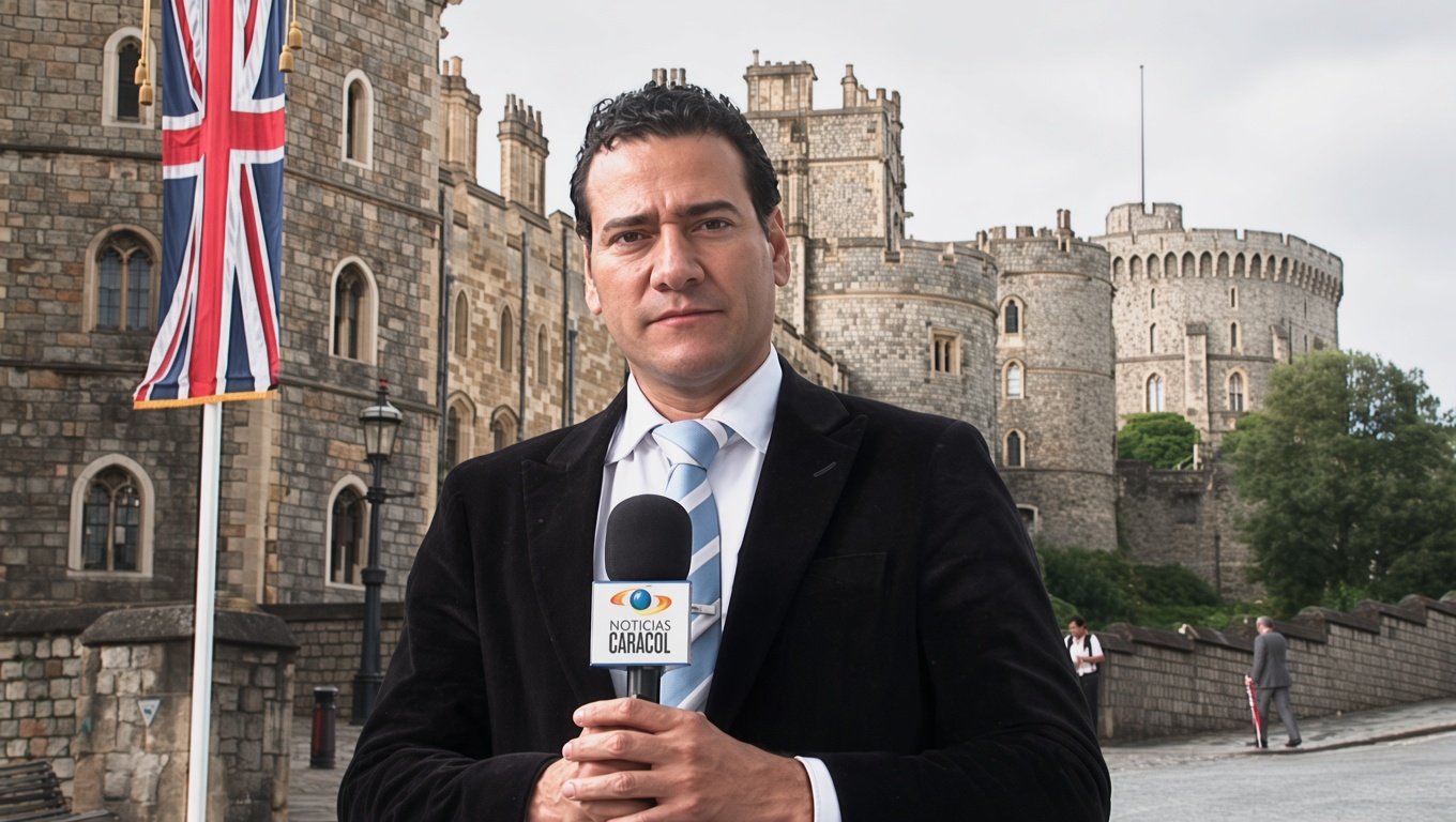 Orlando Mancini reporteando frente al Castillo de Windsor para Noticias Caracol.