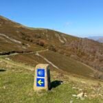 Marcador de ruta con la concha del Camino de Santiago en la costa cantábrica